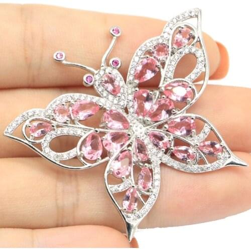 48x43mm Beautiful Flowers Shape Created Pink Morganite Bright White Zircon For Women Daily Wear Silver Pendant Dating