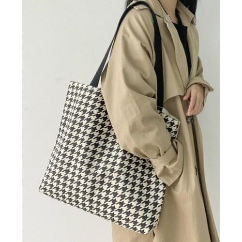 Big Tote Bag Women Bag Vintage High-capacity Shoulder Bags Houndstooth Hasp Soft Handbag Shopping Bag Korean lady Handbag