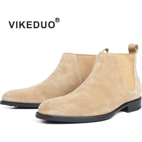 VIKEDUO Ankle Boots For Men Apricot Genuine Suede Skin Customized Made Square Leather Shoes Flat Slip-On Autumn Chelsea Boots