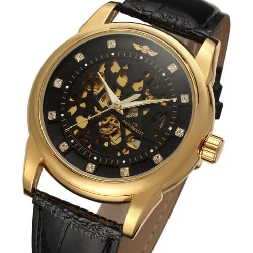 Winner Brand Luxury Royal Diamond Design Black Gold Clock Montre Homme Mens Clock Relogio Male Skeleton Mechanical Leather Watch