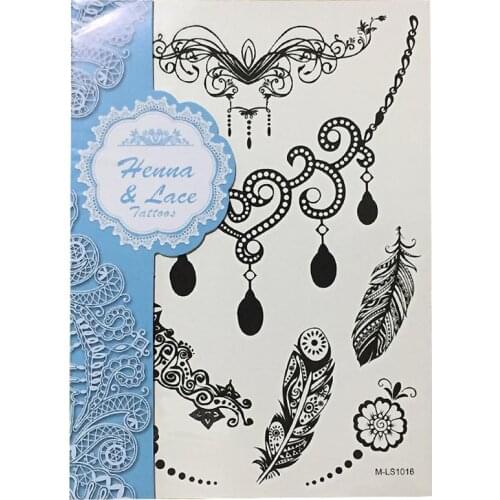 Black Elegant Henna Temporary Tattoo for Foot with Feather Bracelet Pattern Inspired Sticker
