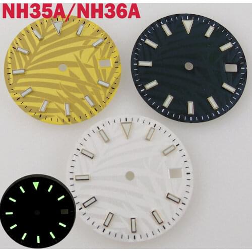 29mm Lume Watch Dial Watches Face Fit For NH35/NH35A Movement Date Window Leaf Design Black/Yellow/White Color