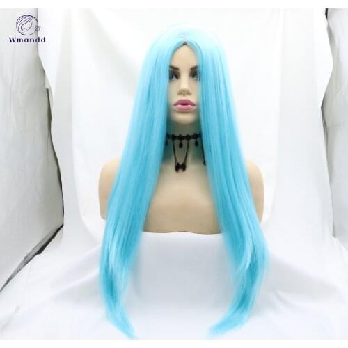 Wmandd Long Straight Sky Blue Synthetic Wigs Cosplay Party Middle Part Hair wigs For Women Machine Made Heat Resistant Fiber