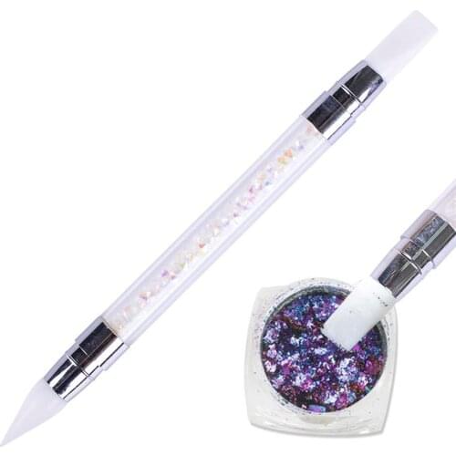 STZ 1pcs Dual-ended Nail Art Silicone Sculpture Pen Rhinestone Handle Powder Dotting Brush Carving Nail Tips Tools Manicure D003
