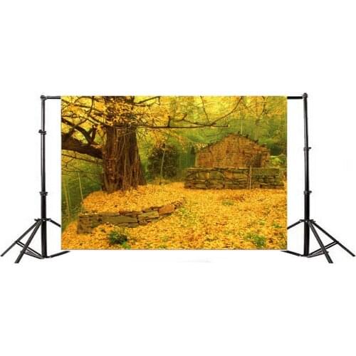 Photography Backdrop Autumn Shabby Chic Ruined Brick House Trees Golden Leaves Nature Ric