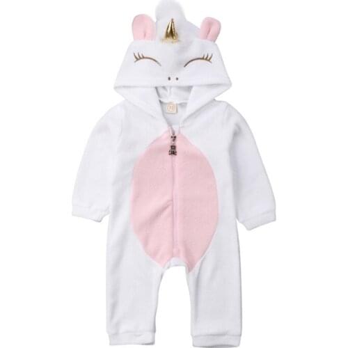 Newborn Kid Baby Girl Unicorn Flannel Romper Ears Hooded Jumpsuit White Girls Clothing Zipper Outfit Warm Winter 0 to 24M