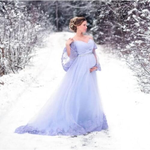 Lavender Long Maternity Dress Appliqued Baby Shower Maternity Gown Photoshoot Lingerie Bathrobe Nightwear Pregnancy Dresses
