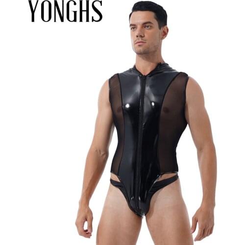 Mens Lingerie Double Zipper High Cut Thong Leotard Bodysuit Shiny Metallic Patent Leather Clubwear Sheer Mesh Splice Costume