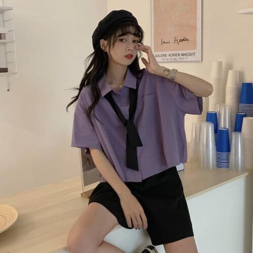 2021 Summer New Korean Small Fresh Tie Shirt Womens Design Sense Short Top Loose Short Sleeve Shirt