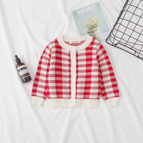 2020 Autumn Winter Sweet Baby Girlsnew Round Neck Plaid Cardigan Cotton Knitted Sweater Children Loose Coat Baby Casual Boys Top