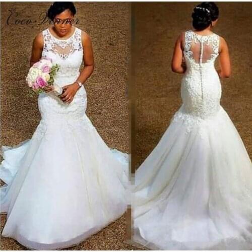 Illusion Back With Button African Mermaid Wedding Dress Sleeveless Plus Size Pure White wedding gown Bride Dress W0389