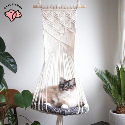 Pet Cat Hammock Bed Cotton Hand-Woven Hanging Basket Tapestry Cat Dog Hammock Swing Chair Bohemian Wall Hanging Pet Supplies
