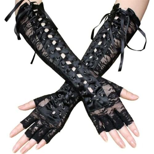 Sexy Lace Long Gloves Elbow Length Half-finger Gloves Black White Purple Fishnet Fingerless Mesh Dancing Halloween Party Gloves