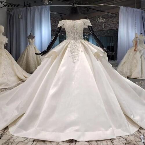 Serene Hill Ivory Satin Off Shoulder Sexy Wedding Dress 2020 Handmade Flowers Pearls Sleeveless Bridal Gown Custom Made CHX0193
