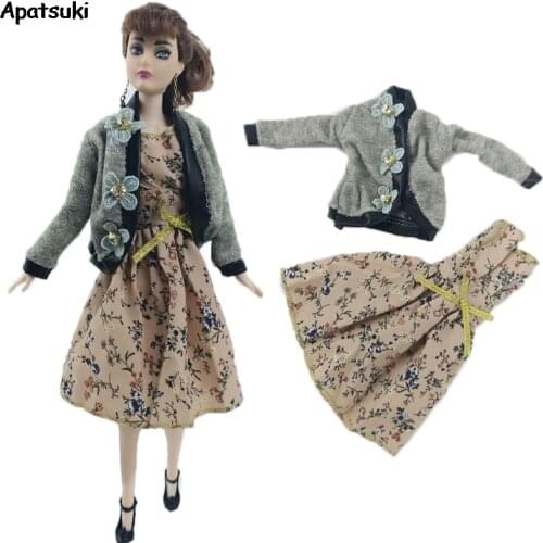 Gray Coat Countryside Floral Dress For Barbie Doll Clothes Handmade Outfits for 1/6 BJD Doll Accessories For Children DIY Toys