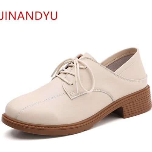 Fashion Oxford Shoes for Women Genuine Leather Mules Ladies Pumps Low Heel Shoes Woman Lace-Up Round Toe Black Beige Heels Women