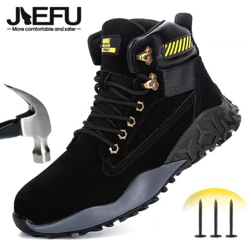 JIEFU Safety Boots for Men Waterproof Slip Resistant Work Sneakers Indestructible Heavy Industry Construction Shoes