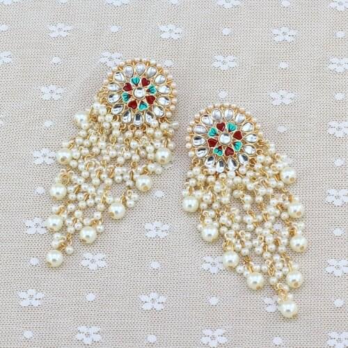 Women Bollywood Ethnic Bridal Bride Kundan Earrings Pearls Jhumka Jhumki Indian Bahubali Drop Earrings Fashion Jewelry