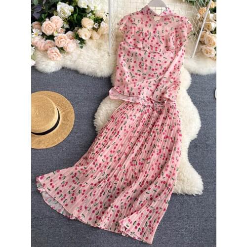 Summer Womens Sets Korean Holiday Style Sleeveless Shirt Printed Pleated Skirt New Casual Female Two-piece Sets LL954