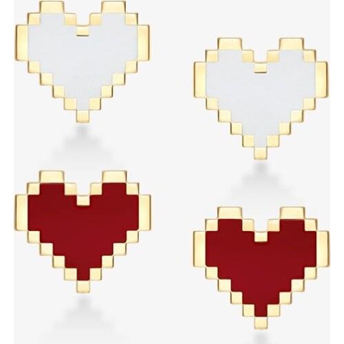 Fashion Real 925 Sterling Silver Yellow Gold Color Red and White Pixel Love Heart Stud Earrings for Women Brand Jewelry