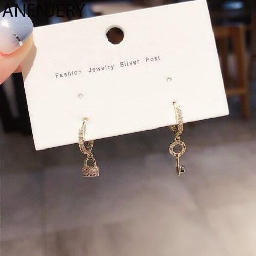 ANENJERY 925 Sterling Silver Micro Inlaid Zircon Key Lock Asymmetric Hoop Earring For Women Accessories Luxury Earring S-E1276