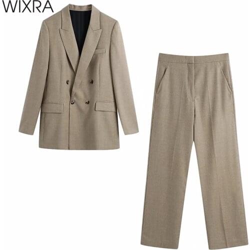Wixra Womens Khaki Blazer Sets Double Breasted Top+Straight Pants High Street Office Lady 2021 Autumn Spring