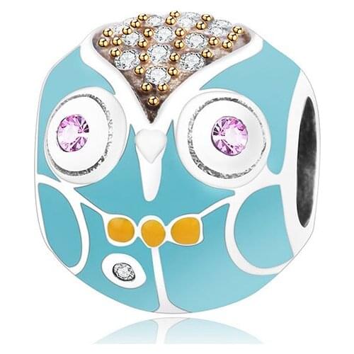 925 Sterling Silver Blue Enamel Owl Zirconia Eye Bead Fit Original Brand Charm Bracelet For Making Women Christmas Berloque 2020