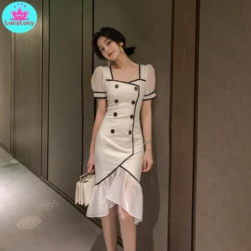 2021 summer new Korean temperament ladies fashion contrast color double-breasted fishtail dress