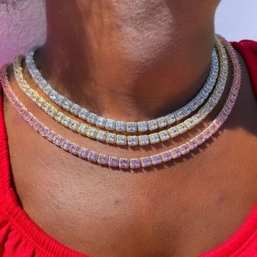 Hip hop Iced out sparking Bling white pink square Cubic Zirconia cluster necklaces for women geometric Charming fashion jewelry