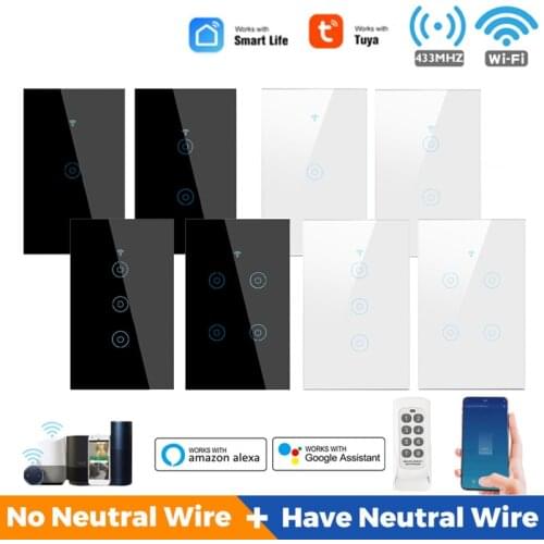 1/2/3/4 Gang TUYA Smart Light Switch WiFi 433MHZ Tempered Glass Wall Touch Switch Without Neutral Wire Compatible With Alexa US