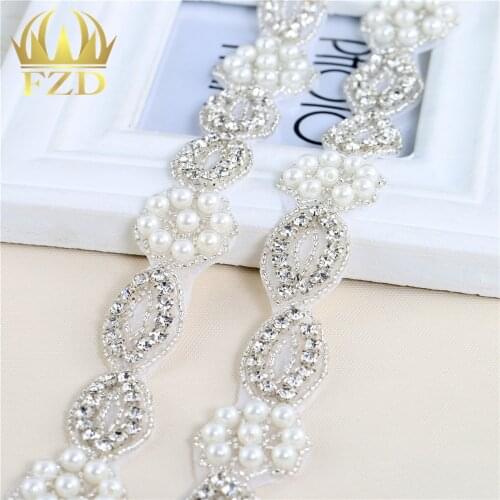 1 Yard Rhinestones Sewn On garment Trim Crystals Appliques For Wedding Sash Belts Clear Glass Strass Rhinestones Pearl Hot Fix