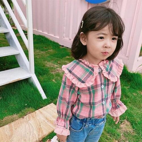 2-9y Girls Shirts Spring Autumn Kids Blouses Children Long Sleeve Plaid Clothes Baby Cotton Tops Turn-Down Collar Clothing y29