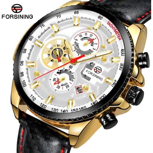 Forsining Top Automatic Mens Casual Golden Date Polish Black Leather Belt Mechanical Watches Waterproof Clock Relogio Masculino