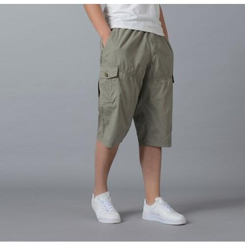 Mens Casual Twill Cotton Elastic waist Cargo work Shorts Below Knee Loose Fit 6-Pocket Long Shorts relaxed Outdoors sweatpants