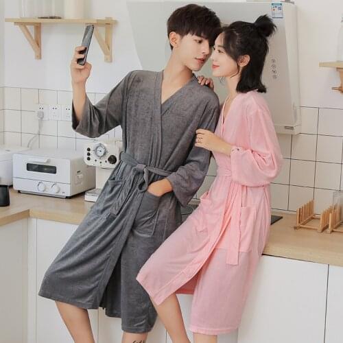 Couple Terry Bath Robe Kimono Gown Water Absorbent Towel Bathrobe Sleepwear Long Nightgown Loose Casual Home Dressing Gown Women