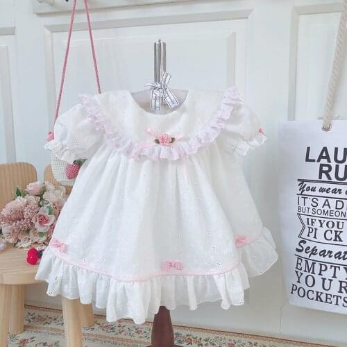 2PCS Baby Girl Spring Summer White Vintage Smoking Embroidery Princess Dress Childrens Birthday Easter Casual Cotton Clothes