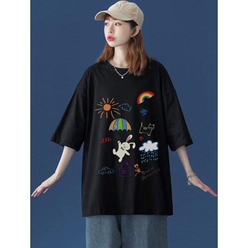 Summer T Shirts for Women Harajuku Korean Tee Shirt Aesthetic Hand Painted Sweet Short Sleeve Cotton Kawaii Girl Tops