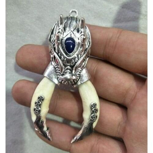 Fashion Women Men Antique Wolf Tooth Double Dragon Silver Pendant Necklace Talisman Pendant with Chain