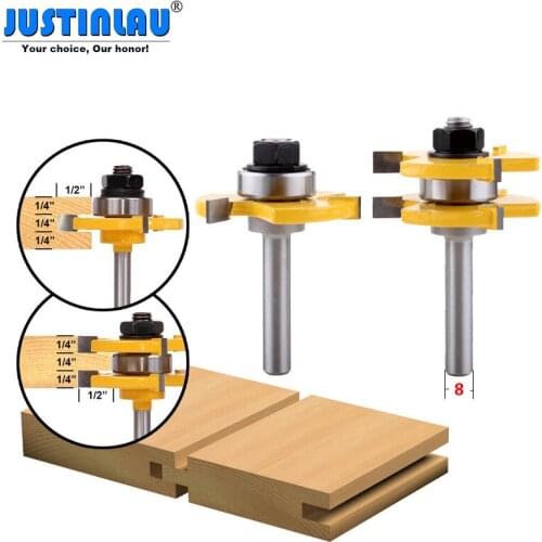 JUSTINLAU 2Pcs Tongue & Groove Router Bit Set 1/4 Inch Shank 3 Teeth T-shape Wood Milling Cutter