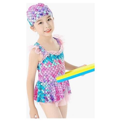2021 New Girls Swimsuit 3-13years One Piece Colorful Meimaid Girls' Swimwear With Hat For Childrens Swimwear Ruffle Fashional