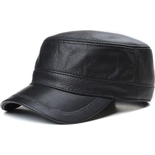 Suitable For Mens Leather Sheep Skin Flat Top Military Cap In Spring And Winter, Adjustable Casual Leather Hats