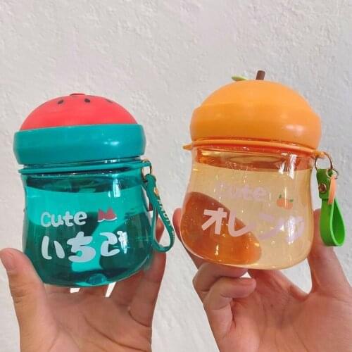 Colorful Fruit Teacups Send Straps Cartoon Silicone Plastic Leisure Slung Cups for Students Cute Water Bottle for Girls Kawaii