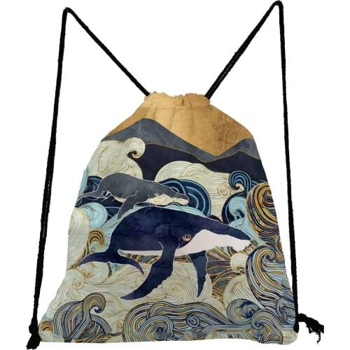 Landscape Storage Bag Tengyun Whale Printed Backpack Fashion Drawstring Bags Unisex Softback Bag Portable Shoe Bag for School