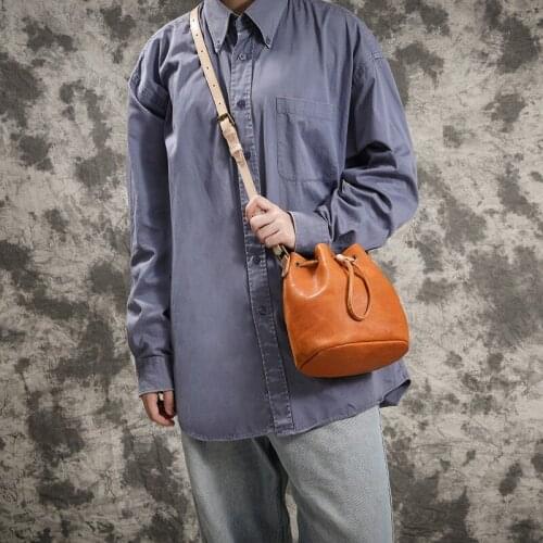 Vintage Bucket Bag Women Handmade Genuine Leather Handbags Leisure Solid Color Crossbody Shoulder Bags Female Bolsos Mujer