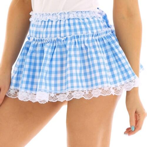 Unisex Adult A-Line Mini Skirts Sissy Lace Hem Gingham Skirts Sexy Crossdressing School Girl Pleated Skirt Cosplay Porno Costume