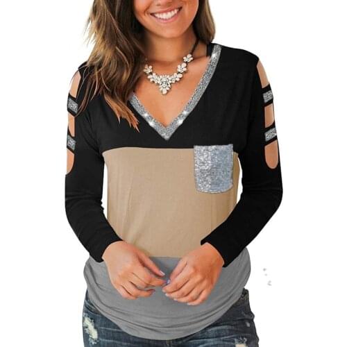 Spring Summer Sexy Hollow Out Sequined V-Neck Women T-shirt Color Matching Long Sleeve Tshirt Casual Loose Pocket Patchwork Tops