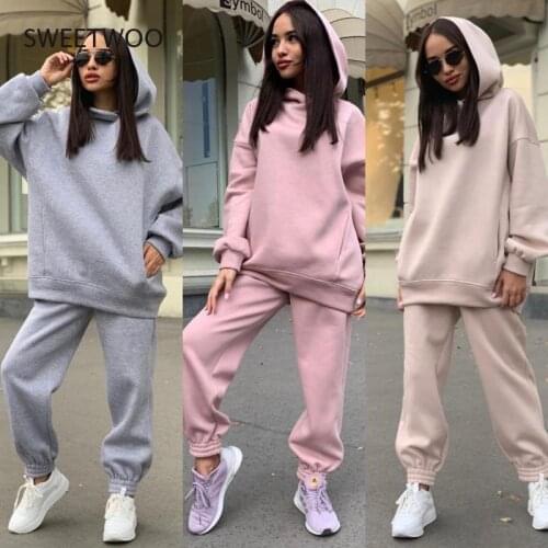 2021 Autumn Winter Streetwear Women Joggers 2 Piece Set Hooded Sweatshirt Pant Two Piece Set Tracksuit Fleece Outfits Sweatpants