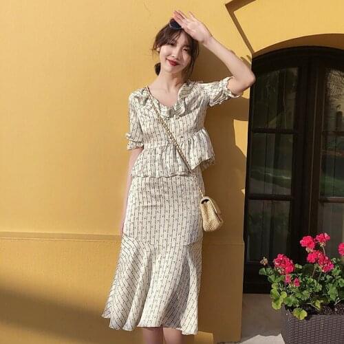 Women set vintage skirt suit set elegant temperament short shirt tops + skirt two pieces set female summer autumn casual sets