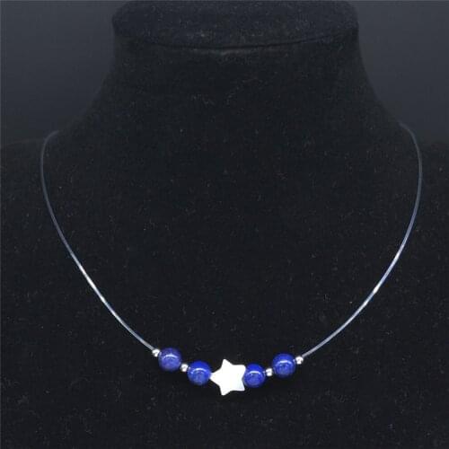 Blue Natural Stone Stainless Steel Pentagram Necklace Women Silver Color Shell Fishing Line Necklace Jewelry moda mujer N202350