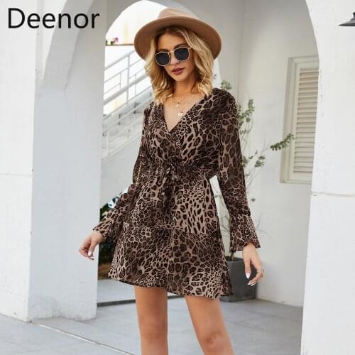 Deenor Printing Dress Women Leopard Print Boho Beach Dresses Casual Ruffle Long Sleeve A-line Mini Party Dress Vestidos